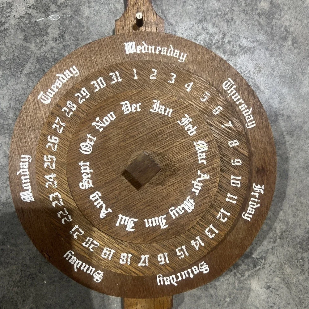 Vtge Wood Dial Rotating Perpetual Wheels Days Months Date WALL Calendar